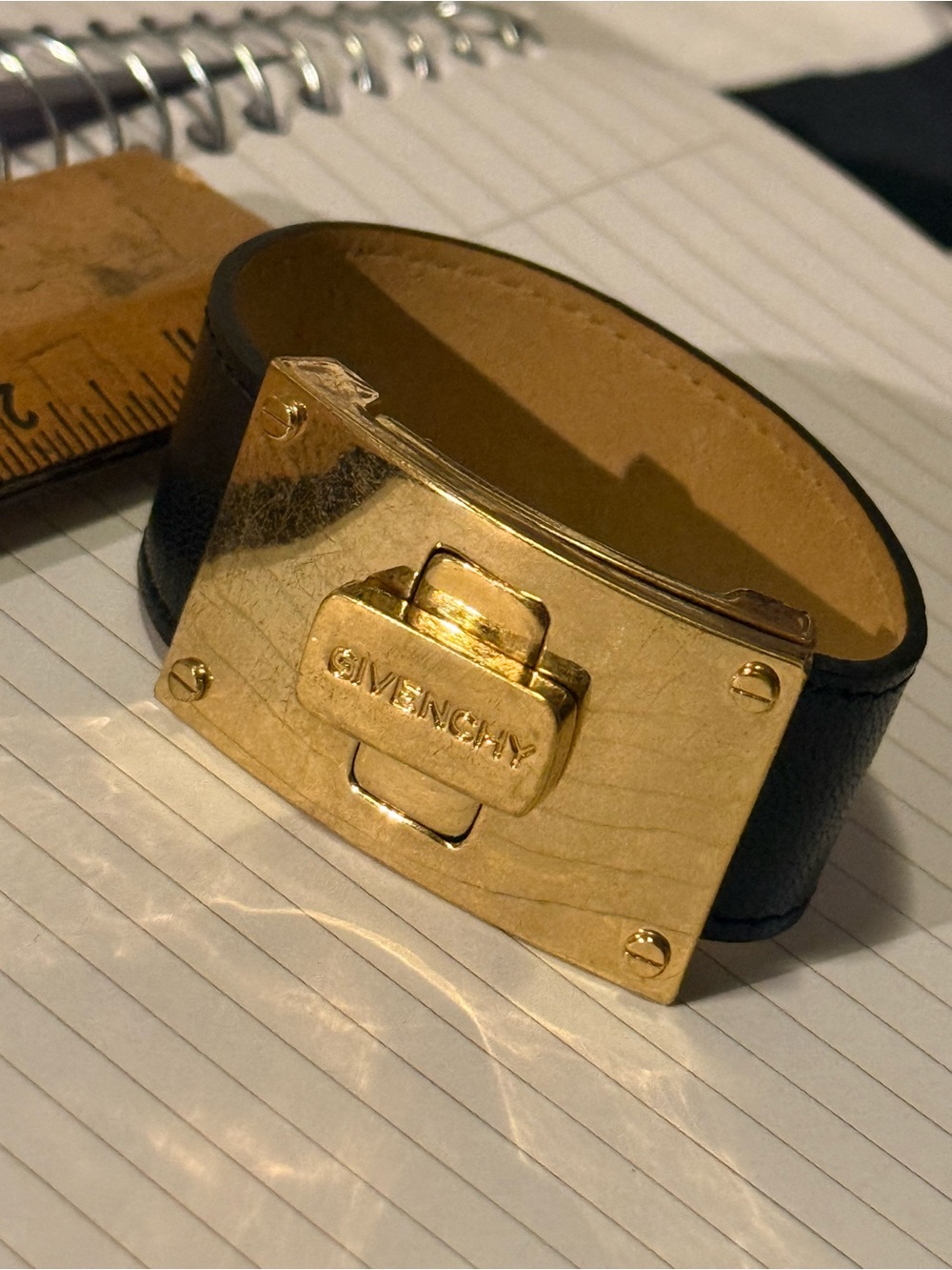 Givenchy Black Leather Bracelet with Gold Plate Clasp